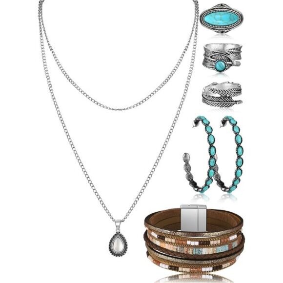 Bohemian Western Jewelry Turquoise Set Women Bohemian Pendant Layered Choker - Picture 1 of 6